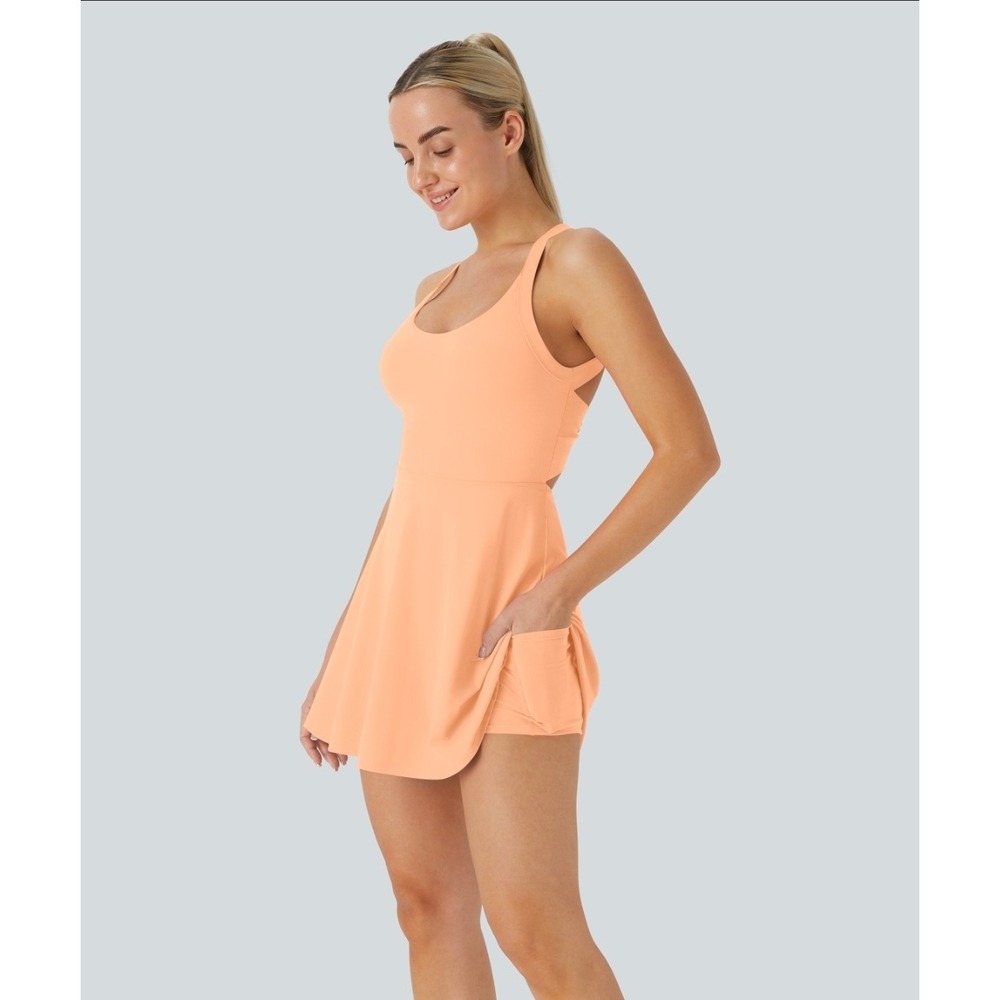 HALARA SoftlyZero Airy Backless Twisted Flare Dress NWT Coral XSmall Activewear